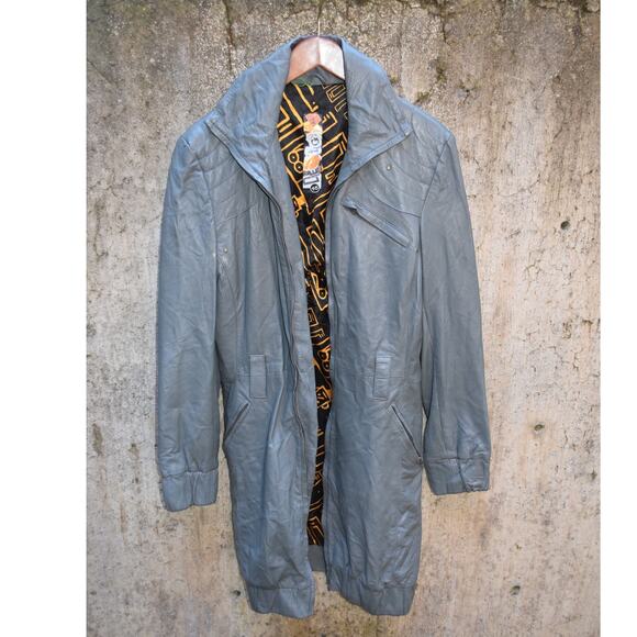 Desigual Jackets & Blazers - Desigual Gray Genuine Leather Jacket with Graphic Lining & Embroidery 46 (US 14)